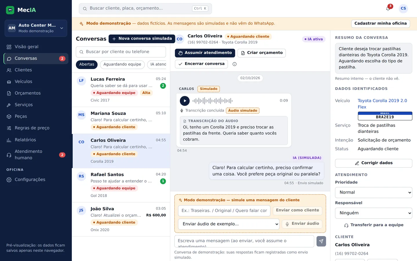 Tela real do MecIA: Caixa de entrada do WhatsApp